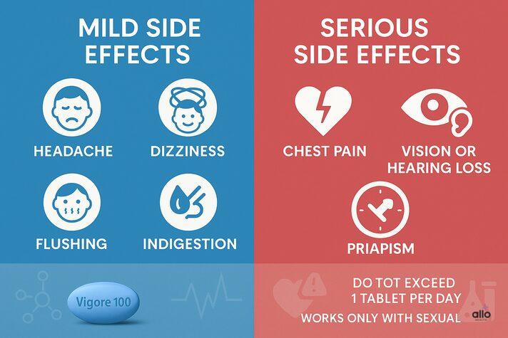 Vigore 100 tablet ke mild aur serious side effects dikhata medical infographic — headache, dizziness, chest pain, vision loss jaise prabhav