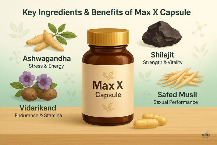 Max X Capsule: हर्बल सप्लीमेंट की जानकारी हिंदी में 2 Max X Capsule ke mukhya Ayurvedic ingredients – Ashwagandha, Shilajit, Safed Musli, Vidarikand – ke health benefits dikhaye gaye hain.