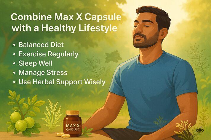 Max X Capsule: हर्बल सप्लीमेंट की जानकारी हिंदी में 4 Fit Indian aadmi yoga karte hue, Max X Capsule ke saath healthy lifestyle tips – balanced diet, exercise, stress control.