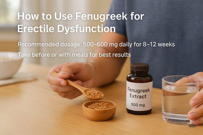image showing how to use fenugreek for erectile dysfunction safely with dosage 500–600 mg daily, supplement bottle, and glass of water on a wooden table.