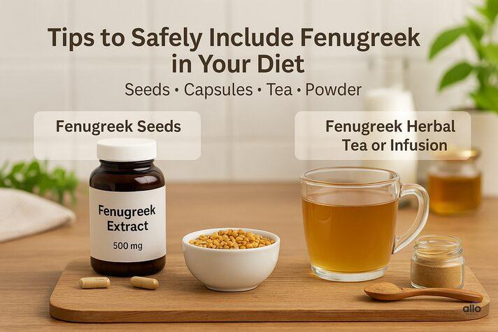 kitchen setup showing how to use fenugreek for erectile dysfunction through seeds, herbal tea, powder, and capsules — safe and natural daily options.