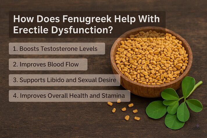 infographic showing how to use fenugreek for erectile dysfunction with labeled benefits — boosts testosterone, improves blood flow, supports libido, and improves stamina.
