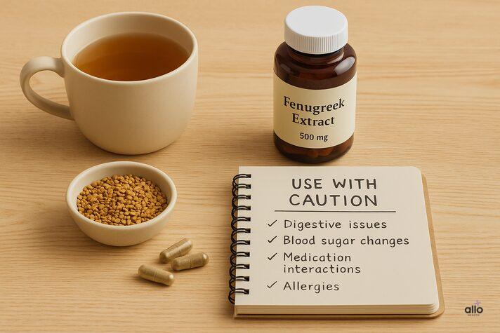 showing how to use fenugreek for erectile dysfunction safely with precaution checklist — digestive issues, blood sugar changes, medication interactions, and allergies.