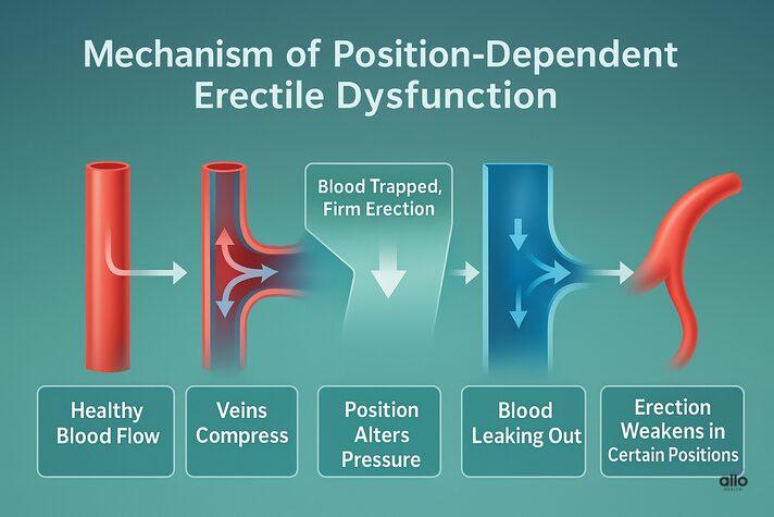 Position Dependent Erectile Dysfunction (PDED): Causes and Treatments 3 A 3D medical infographic showing how body position affects blood flow in position dependent erectile dysfunction, illustrating venous leakage and reduced erection firmness through color-coded arterial and venous flow arrows.