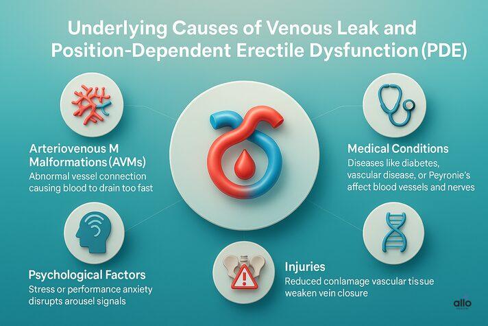 Position Dependent Erectile Dysfunction (PDED): Causes and Treatments 4 A realistic medical infographic explaining the underlying causes of position dependent erectile dysfunction, highlighting arteriovenous malformations, medical conditions, injuries, aging, and psychological factors around a central vascular diagram.