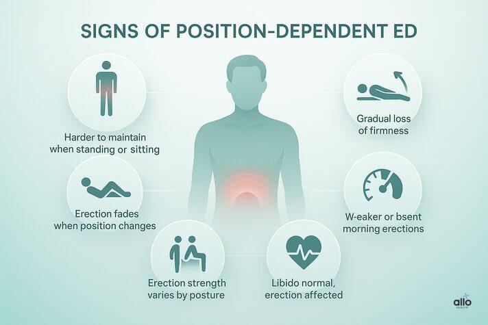 Position Dependent Erectile Dysfunction (PDED): Causes and Treatments 5 A 3D realistic infographic showing the common signs of position dependent erectile dysfunction, including erection loss in certain postures, gradual softening, reduced morning erections, and normal libido.