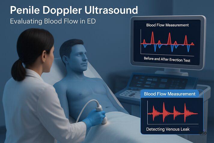 Position Dependent Erectile Dysfunction (PDED): Causes and Treatments 6 A realistic medical illustration of a doctor performing a penile Doppler ultrasound to assess blood flow changes related to position dependent erectile dysfunction, showing a Doppler screen with color blood flow patterns.