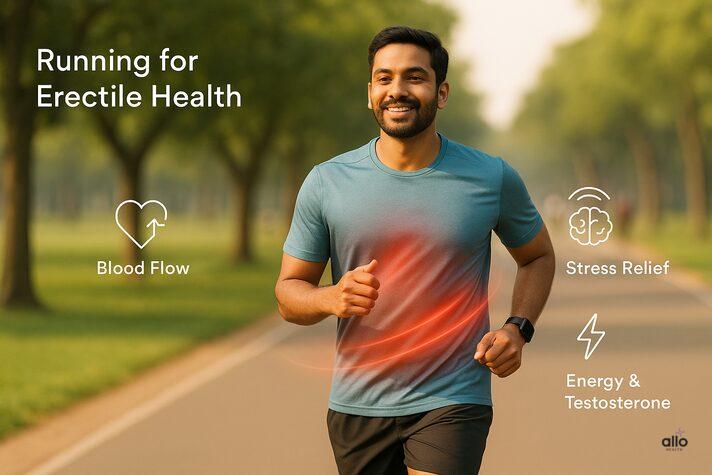 “Fit Indian man jogging at sunrise with icons for heart, testosterone, and stress relief — benefits of running and erectile dysfunction improvement.”