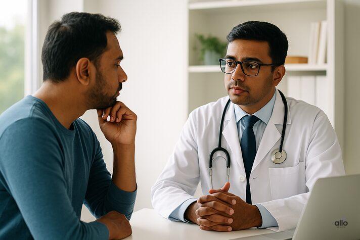 “Indian man consulting doctor about sexual health and running and erectile dysfunction concerns in a calm clinic setting.”