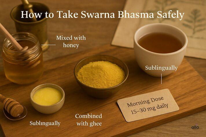 Swarna Bhasma for Erectile Dysfunction: Uses and Benefits in Sexual Health 5 How to take swarna bhasma for erectile dysfunction safely, shown with honey, ghee, and herbal tea on an Ayurvedic setup.