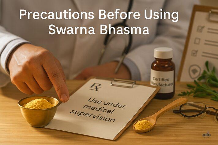 Swarna Bhasma for Erectile Dysfunction: Uses and Benefits in Sexual Health 6 Precautions for using swarna bhasma for erectile dysfunction illustrated on a doctor’s consultation table with prescription and certified product.