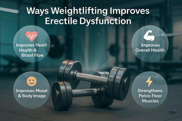 “Infographic showing how weightlifting improves erectile dysfunction with benefits like better blood flow, testosterone boost, and stronger pelvic floor — illustrating does lifting weights help erectile dysfunction