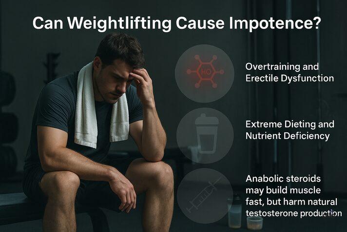 Tired man sitting in a dim gym, symbolizing overtraining, poor diet, and steroid misuse as possible risks linked to erectile dysfunction — exploring does lifting weights help erectile dysfunction or harm it.