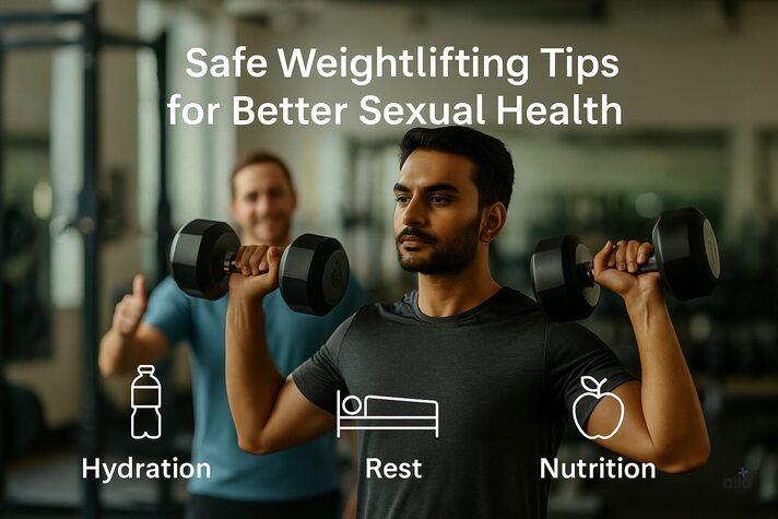 Fit man lifting dumbbells safely under trainer supervision, showing hydration, rest, and nutrition for balanced strength training — explaining how does lifting weights help erectile dysfunction safely.