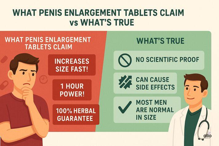 Penis enlargement tablets ke jhoothe daave vs sach – no scientific proof, side effects aur normal size awareness wala infographic.