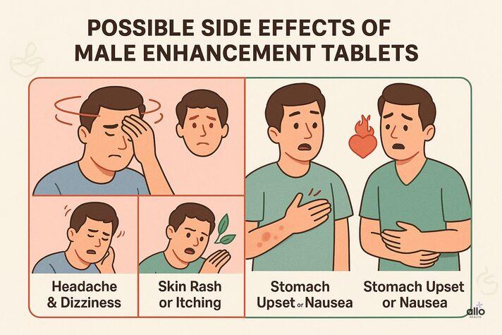Male enhancement tablets ke side effects – headache, chakkar, skin rash, heart problem aur nausea dikhata hua infographic.