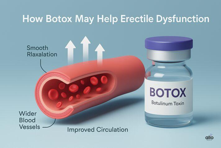 “3D medical illustration showing how Botox for erectile dysfunction improves blood flow by relaxing smooth muscles and widening blood vessels.”