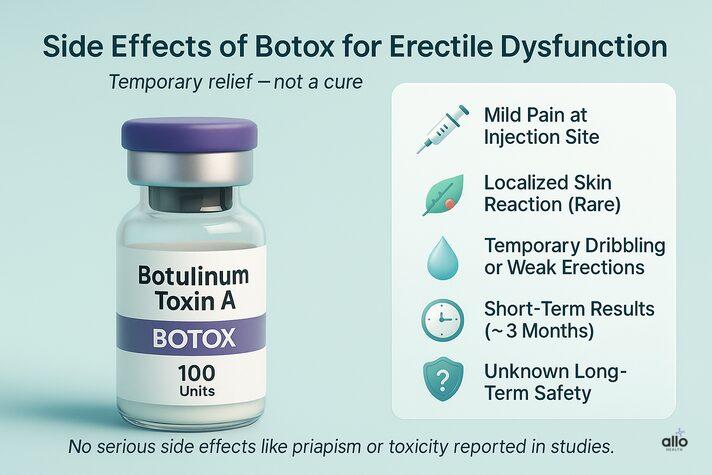 “Educational infographic showing possible side effects of Botox for erectile dysfunction, including mild pain, short-term results, and rare skin reactions.”