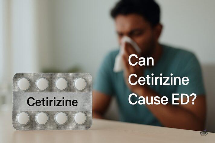 Realistic image of Cetirizine tablet strip with a blurred background of a man experiencing mild allergy symptoms — representing the link between cetirizine and erectile dysfunction.