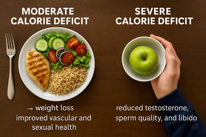 Calorie Deficit and Erectile Dysfunction: Does Dieting Affect Performance? 4 A split-screen comparison of a healthy balanced diet versus an extreme calorie restriction, visually explaining how the intensity of dieting impacts erections and addresses can a calorie deficit cause erectile dysfunction.