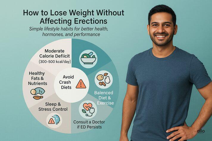 Calorie Deficit and Erectile Dysfunction: Does Dieting Affect Performance? 5 A realistic infographic featuring an Indian man beside a circular chart showing six healthy lifestyle tips, reinforcing that moderate dieting answers the concern can a calorie deficit cause erectile dysfunction.