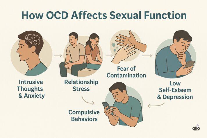 infographic explaining how OCD and erectile dysfunction are connected through anxiety, relationship stress, compulsive behaviors, and low self-esteem.