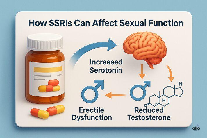 infographic showing how SSRIs used for OCD can cause erectile dysfunction by affecting serotonin, dopamine, and testosterone levels.