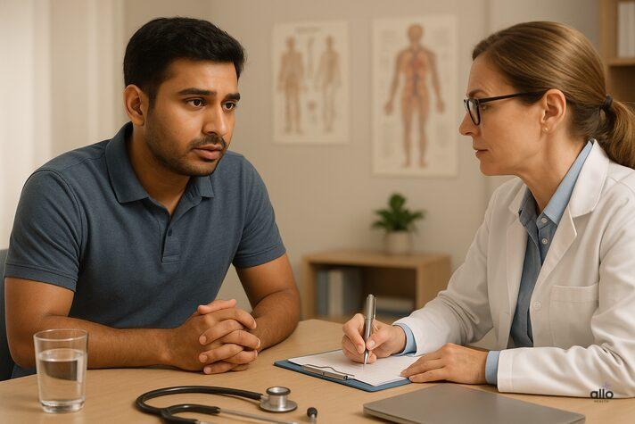 Indian man consulting a doctor about OCD and erectile dysfunction, symbolizing the importance of seeking medical help for mental and sexual health.