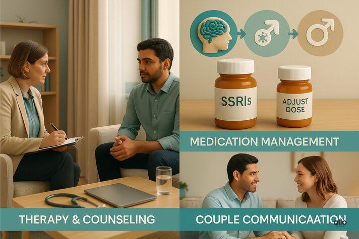 infographic showing therapy, medication adjustment, and couple communication as treatment options for OCD and erectile dysfunction.