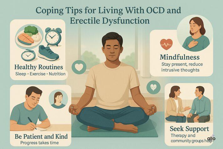 informative image of an Indian man practicing mindfulness and relaxation, showing natural coping tips for OCD and erectile dysfunction.