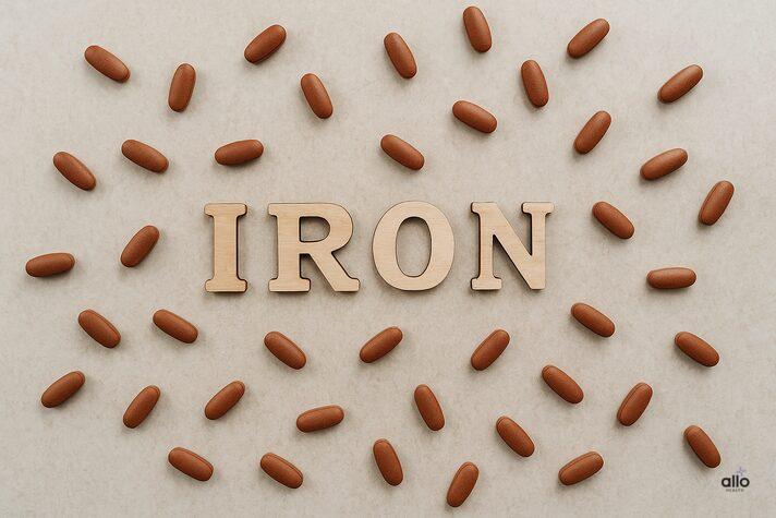 Iron and Erectile Dysfunction: Can Deficiency Affect Performance? 2 Wooden letters spelling “IRON” surrounded by iron supplement tablets, representing low iron erectile dysfunction and iron deficiency awareness.