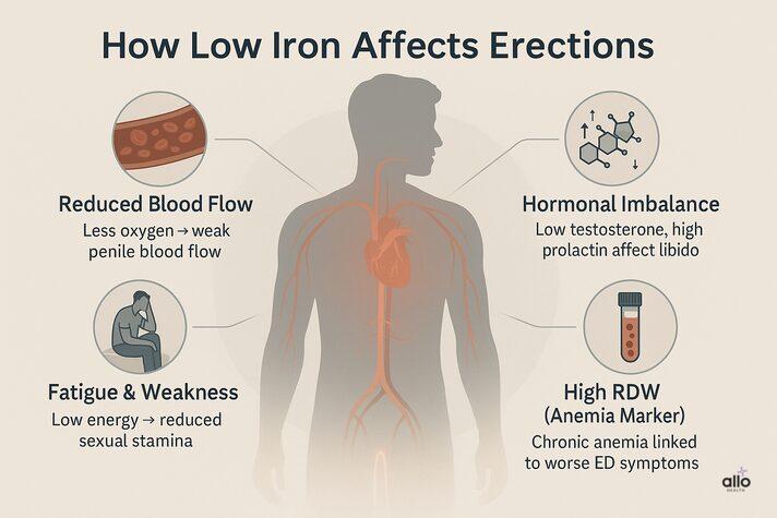 Iron and Erectile Dysfunction: Can Deficiency Affect Performance? 3 infographic explaining how low iron erectile dysfunction occurs through reduced blood flow, hormonal imbalance, fatigue, and anemia.