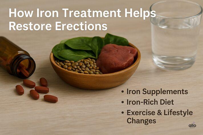 Iron and Erectile Dysfunction: Can Deficiency Affect Performance? 4 photo showing iron supplements, spinach, and red meat with glass of water, illustrating treatment for low iron erectile dysfunction.