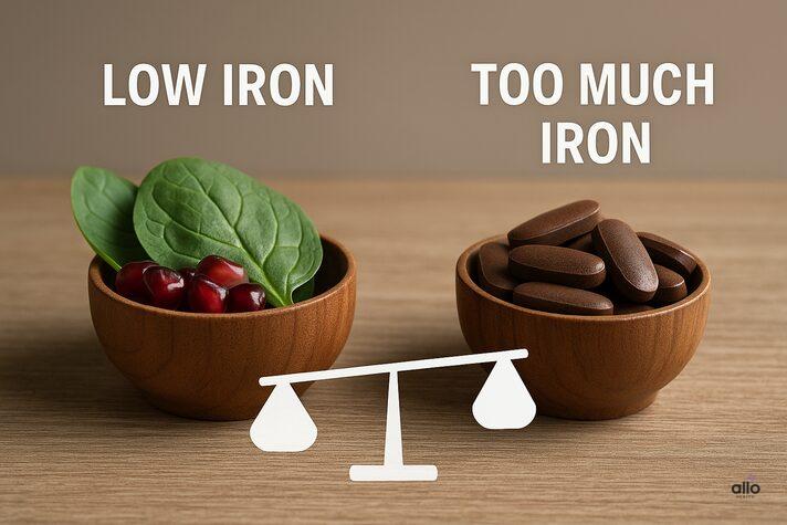 Iron and Erectile Dysfunction: Can Deficiency Affect Performance? 6 comparison image showing bowls labeled low iron and too much iron, symbolizing balance in managing low iron erectile dysfunction.
