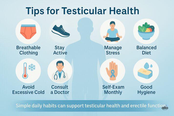 Health infographic with icons for breathable clothing, diet, hygiene, and exercise promoting better circulation and prevention of cold testicles erectile dysfunction.