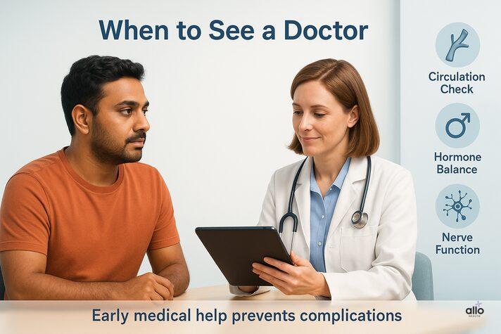 Indian man consulting a doctor about circulation, hormone balance, and nerve function — professional guidance visual linked to cold testicles erectile dysfunction awareness.