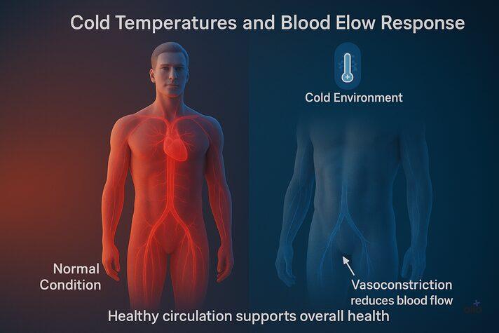 Split 3D visualization comparing normal and cold blood flow responses in the body, illustrating vasoconstriction effects relevant to cold testicles erectile dysfunction.