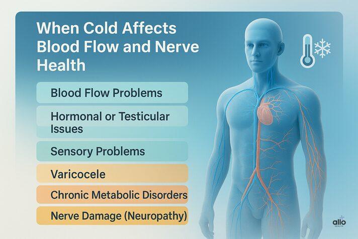 Educational medical poster showing male anatomy, hormone, nerve, and circulation icons — explaining the relationship between cold testicles erectile dysfunction.
