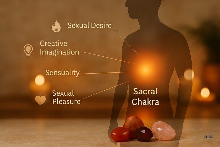 Astro Crystals for Erectile Dysfunction: Spiritual Healing or Myth? 2 “realistic educational image showing sacral chakra glow in male pelvic area with labels for sexual desire, creativity, sensuality, and pleasure, surrounded by crystals that prevent erectile dysfunction”