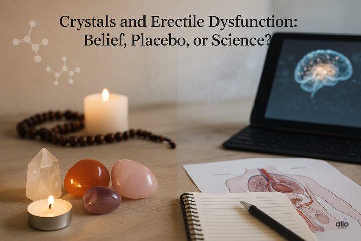 Astro Crystals for Erectile Dysfunction: Spiritual Healing or Myth? 4 “realistic split image comparing belief and science behind crystals that prevent erectile dysfunction, showing gemstones and candles on one side and anatomical research on the other”