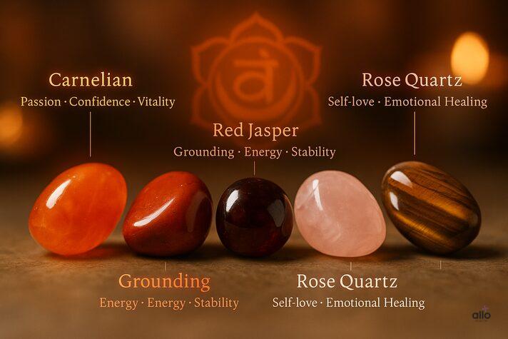 Astro Crystals for Erectile Dysfunction: Spiritual Healing or Myth? 3 “macro photo of carnelian, red jasper, garnet, rose quartz, and tiger’s eye stones labeled with benefits for passion, grounding, and emotional healing, representing crystals that prevent erectile dysfunction”