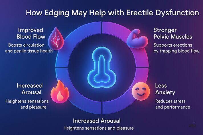 What is edging? Benefits, Risks, and Effects on Sexual Health & ED 4 circular diagram showing how edging may help with erectile dysfunction by boosting blood flow, strengthening pelvic muscles, reducing anxiety, and enhancing arousal.