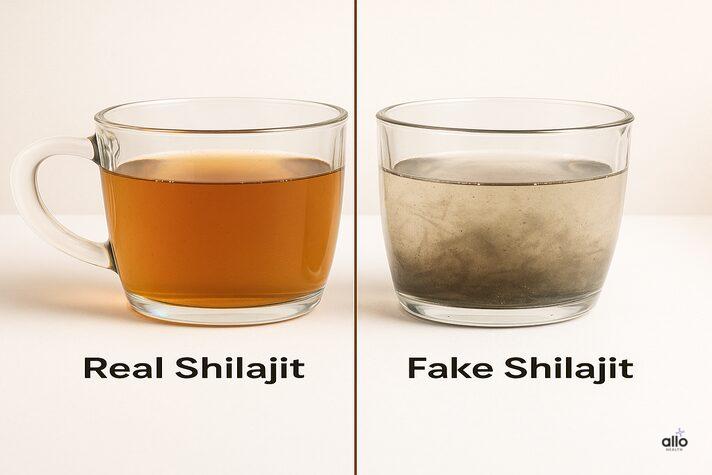 Real Shilajit paani me poori tarah ghulta hai, jabki Fake Shilajit metallic residue chhod deta hai.