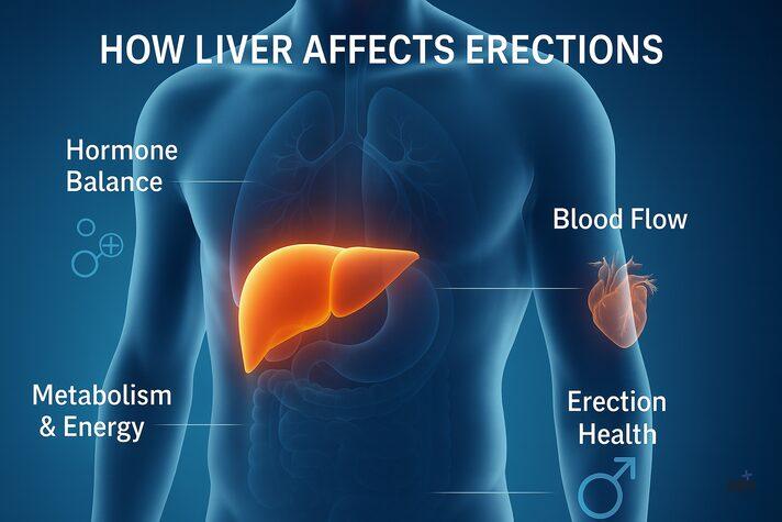 A 3D realistic medical image showing how the liver supports erections, highlighting detoxification, hormone control, cholesterol regulation, and blood sugar balance related to can liver problems cause erectile dysfunction.