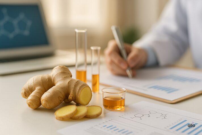 “Ginger roots and slices placed on a white lab table beside test tubes and research papers, symbolizing scientific studies exploring ginger and erectile dysfunction.”