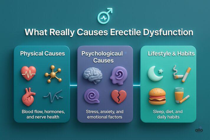 Can Tight Clothing Cause Erectile Dysfunction? Myths and Facts Explained 3 medical infographic titled “What Really Causes Erectile Dysfunction,” showing three panels — physical causes (blood flow, hormones, nerve damage), psychological causes (stress, anxiety, relationship issues), and lifestyle factors (poor sleep, unhealthy diet, smoking, alcohol).