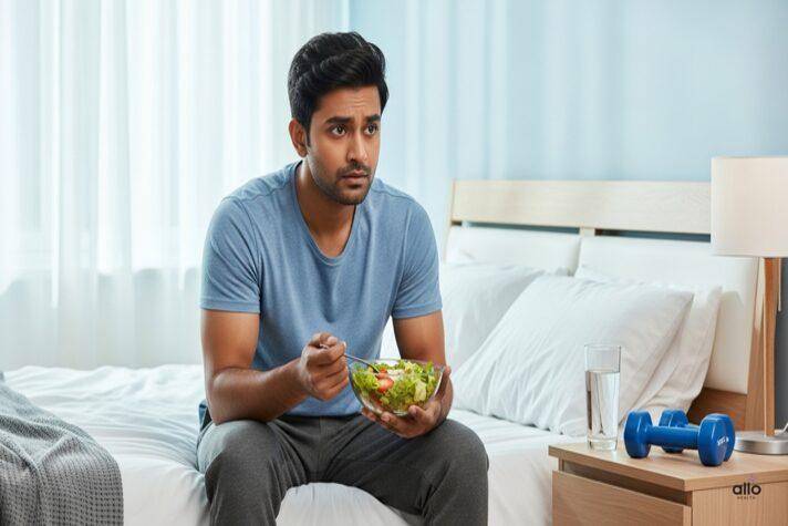 Calorie Deficit and Erectile Dysfunction: Does Dieting Affect Performance? 2 An Indian man sitting thoughtfully on a bed holding a bowl of salad, symbolizing how dieting and calorie deficit can affect sexual health — illustrating the question can a calorie deficit cause erectile dysfunction.