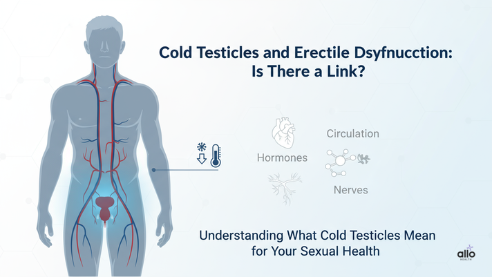 Educational medical poster showing male anatomy, hormone, nerve, and circulation icons — explaining the relationship between cold testicles erectile dysfunction.