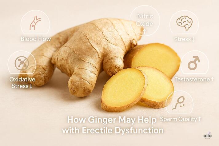 image showing ginger roots with transparent bubbles highlighting benefits like improved blood flow, nitric oxide boost, testosterone support, and reduced oxidative stress — illustrating how ginger and erectile dysfunction are connected.