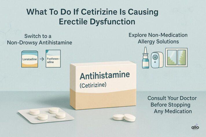 “Educational infographic explaining steps to take if cetirizine causes erectile dysfunction, including switching to non-drowsy antihistamines, lifestyle changes, and consulting a doctor.”